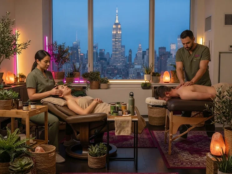 Luxurious at-home spa setup featuring organic facials and in-home massage in NYC